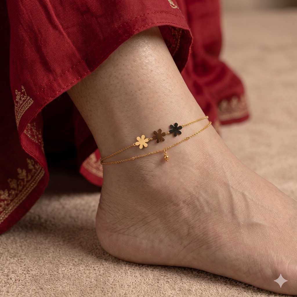 Triple Floral Charm Double-Layer Anklet