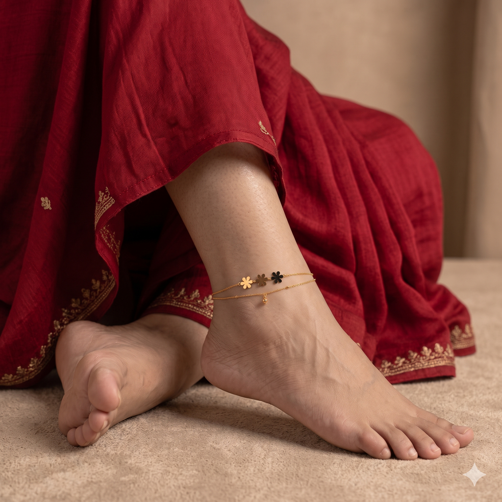 Triple Floral Charm Double-Layer Anklet