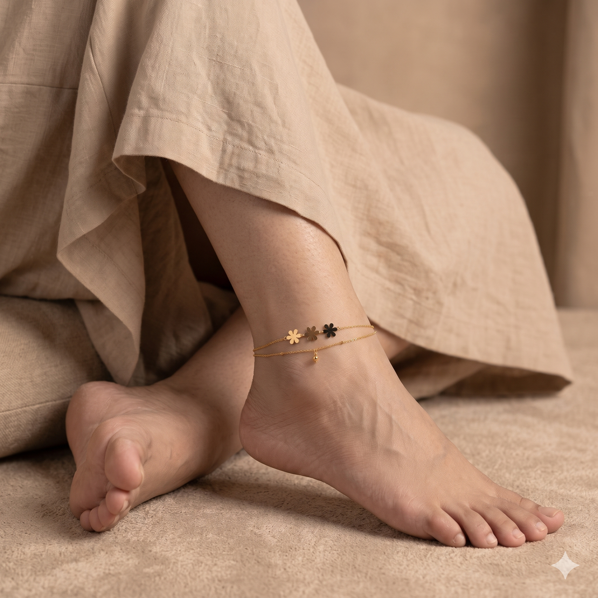 Triple Floral Charm Double-Layer Anklet